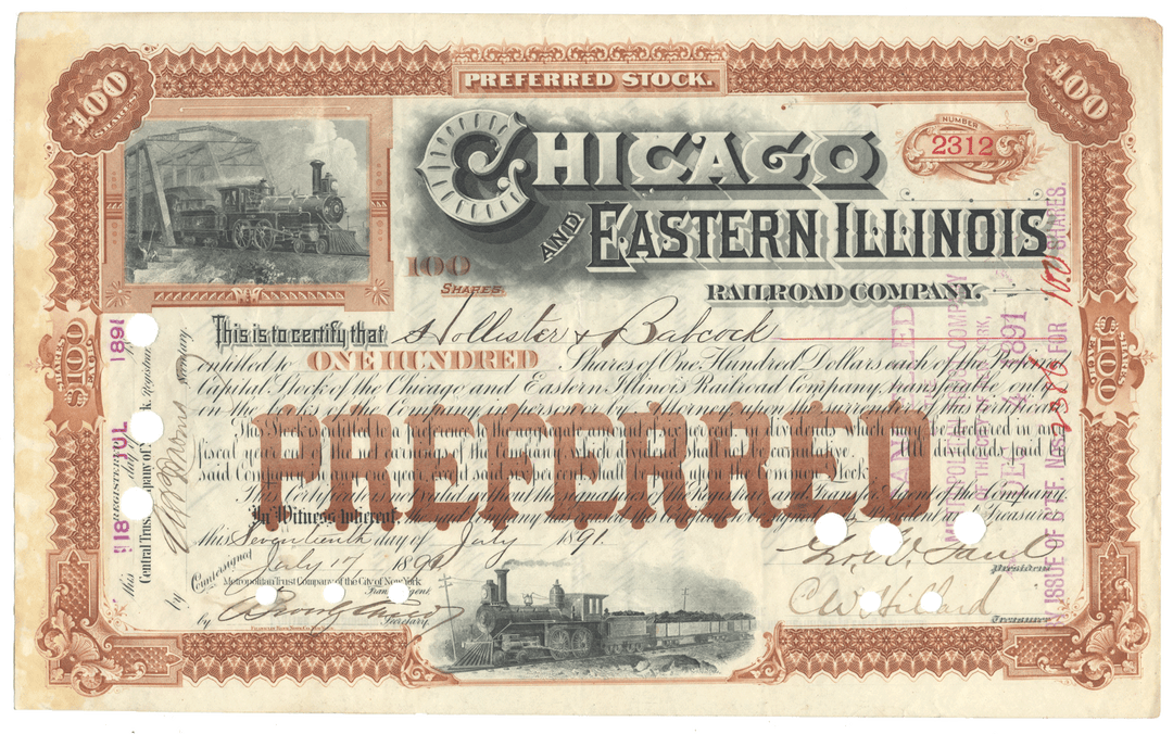 Vintage stock certificate for the Chicago and Eastern Illinois Railroad Company with train illustrations from 1891