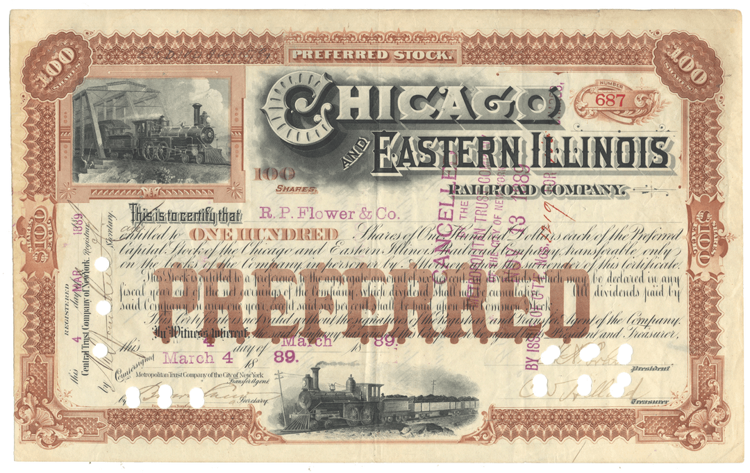 Chicago and Eastern Illinois Railroad Company stock certificate with steam locomotive illustrations.
 from 1889