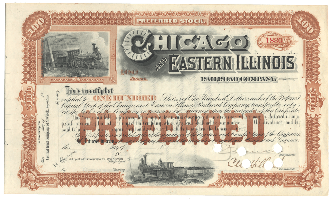 Vintage stock certificate for the Chicago and Eastern Illinois Railroad Company with train vignettes