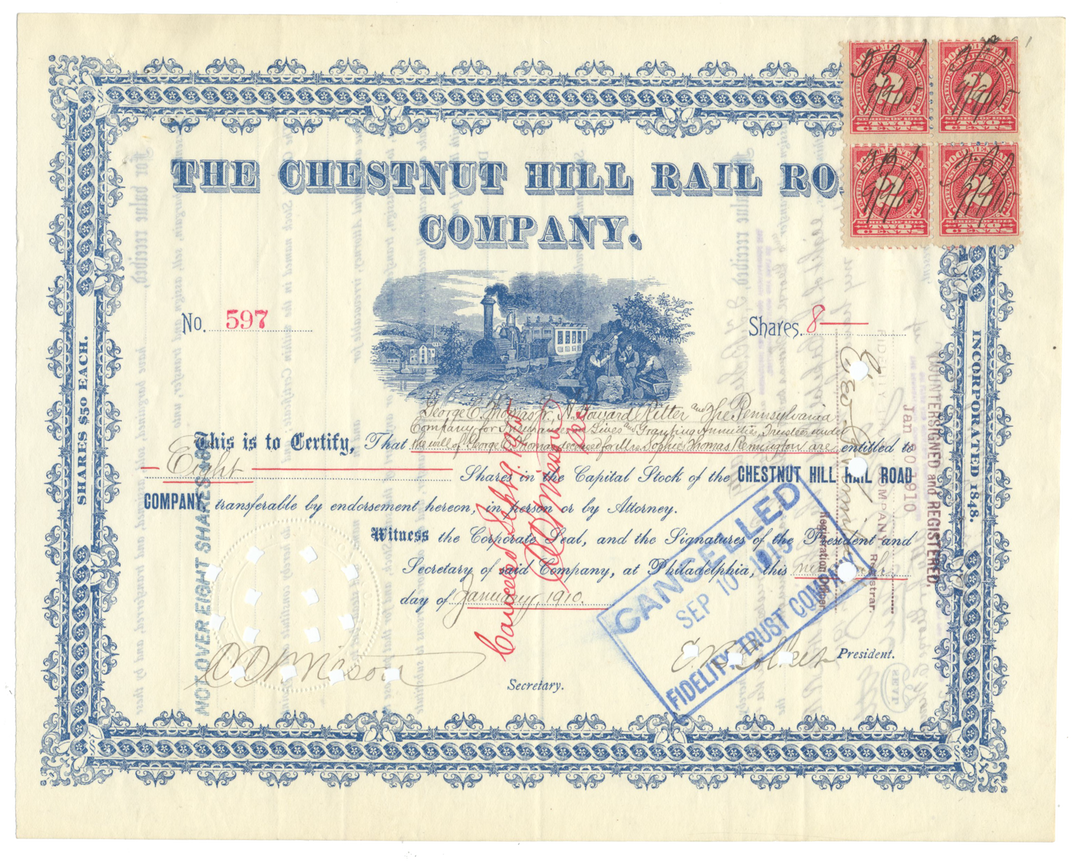 Chestnut Hill Rail Road Company Stock Certificate