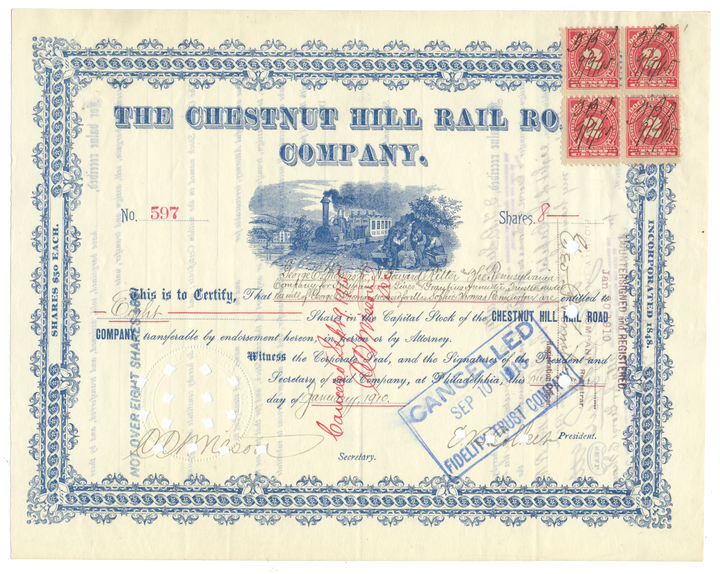 Chestnut Hill Rail Road Company Stock Certificate