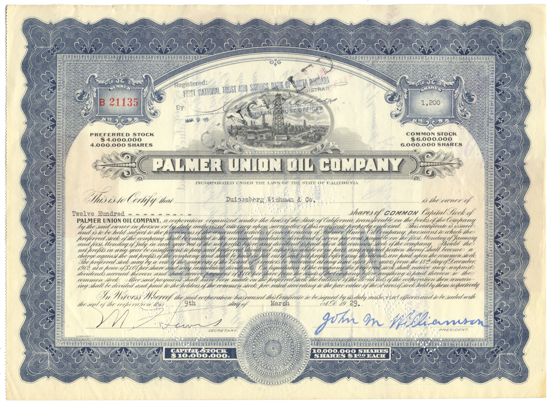 Palmer Union Oil Company Stock Certificate