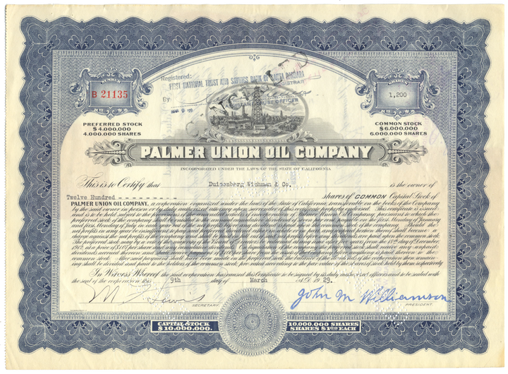 Palmer Union Oil Company Stock Certificate