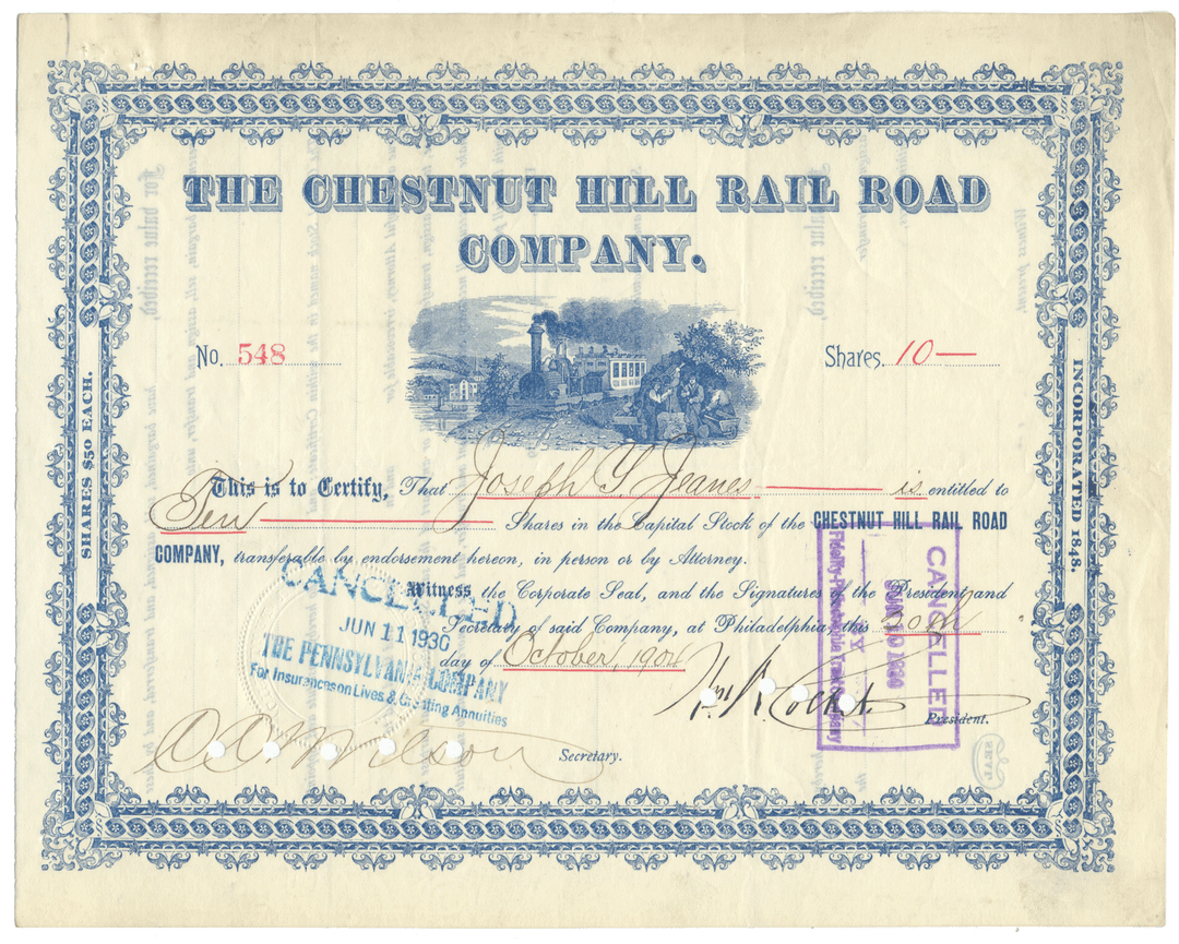 Vintage stock certificate for The Chestnut Hill Rail Road Company with decorative border and blue text.