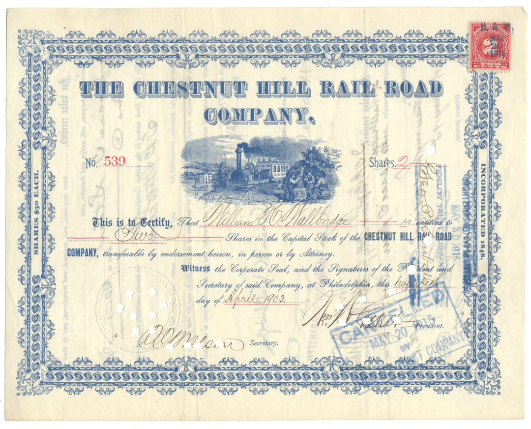 Chestnut Hill Rail Road Company Stock Certificate