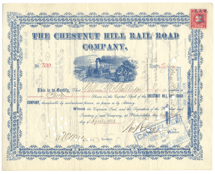 Chestnut Hill Rail Road Company Stock Certificate