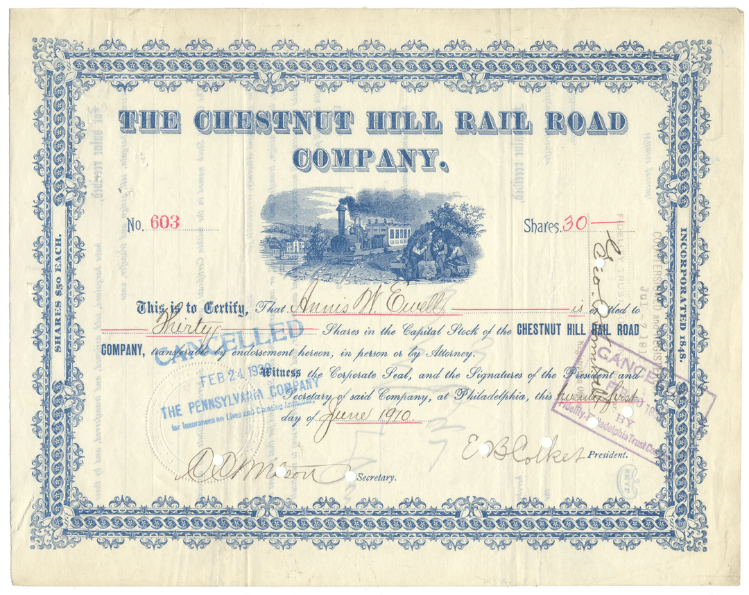 Vintage stock certificate for The Chestnut Hill Rail Road Company with decorative border and text.