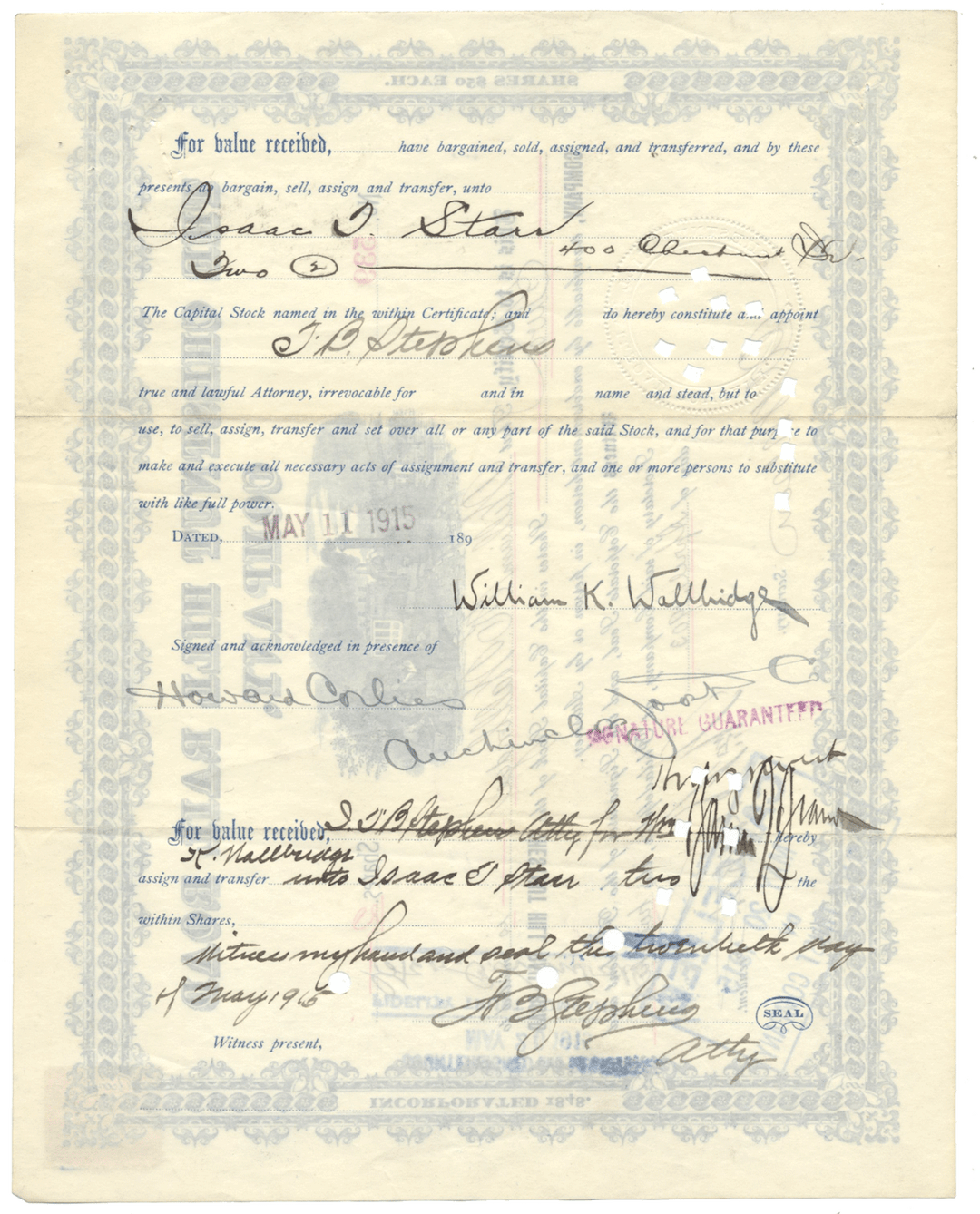 Chestnut Hill Rail Road Company Stock Certificate