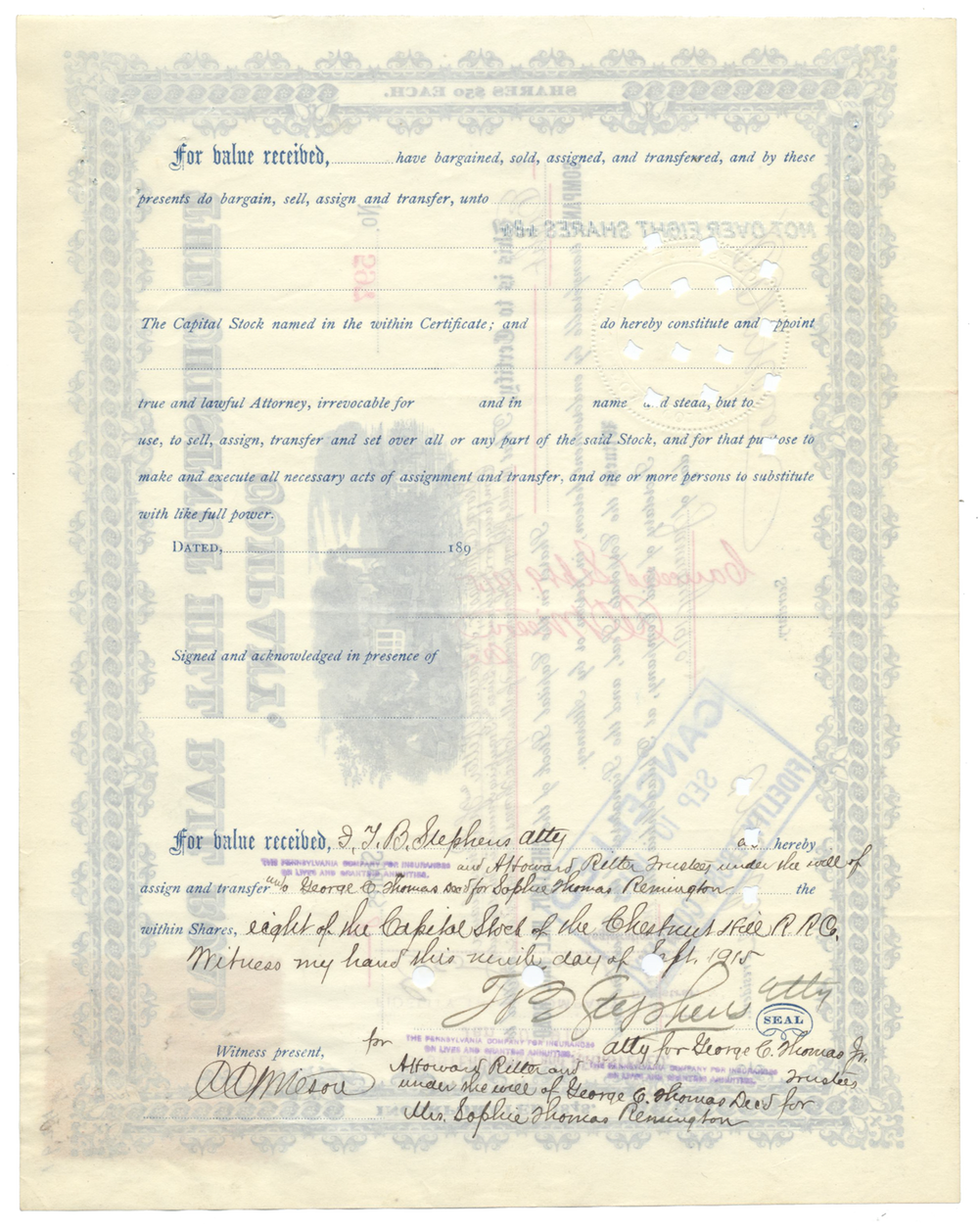 Chestnut Hill Rail Road Company Stock Certificate