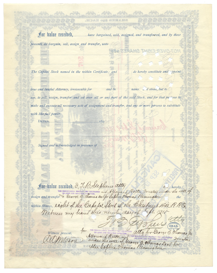 Chestnut Hill Rail Road Company Stock Certificate