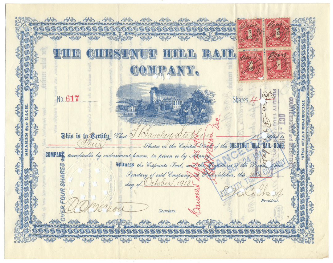 Vintage stock certificate from the Chestnut Hill Rail Company with decorative elements and stamps.