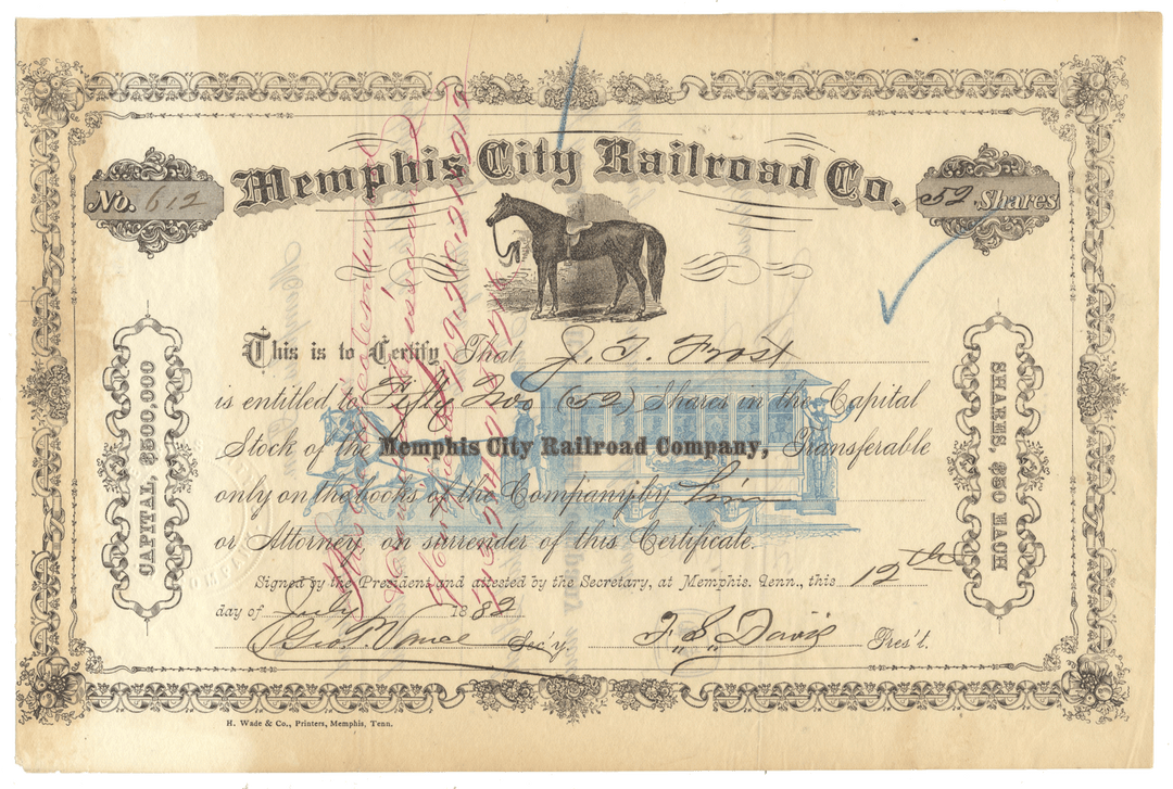 Vintage stock certificate of the Memphis City Railroad Co. with decorative elements from 1882