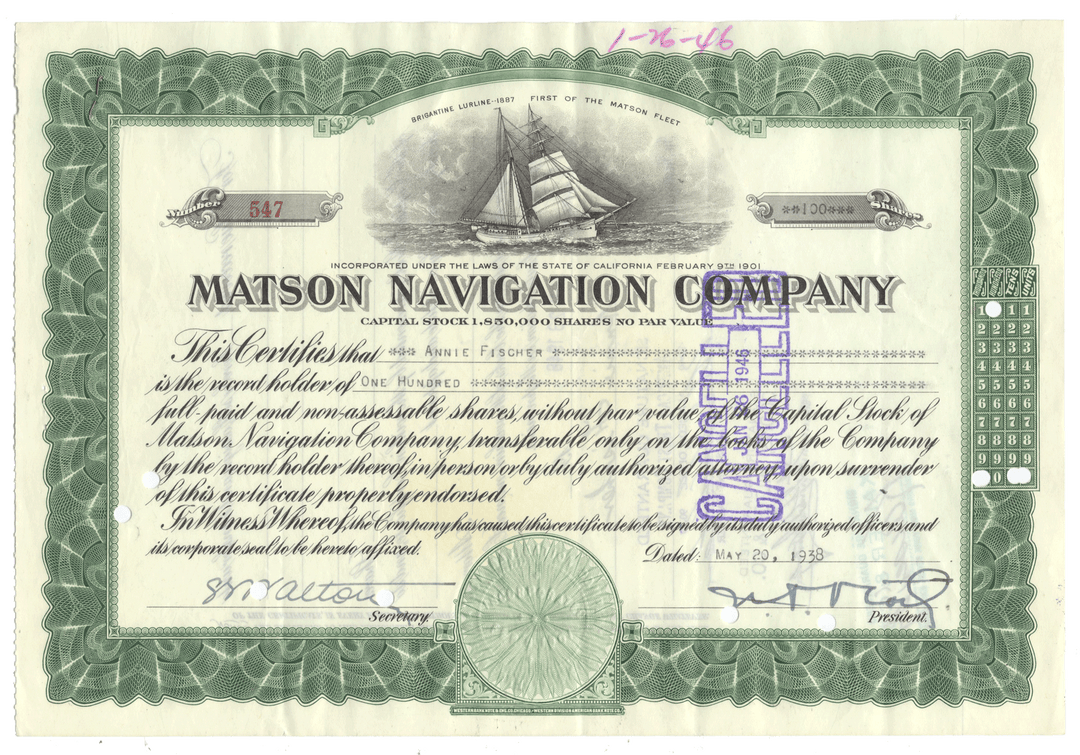 Matson Navigation Company stock certificate with ship illustration
