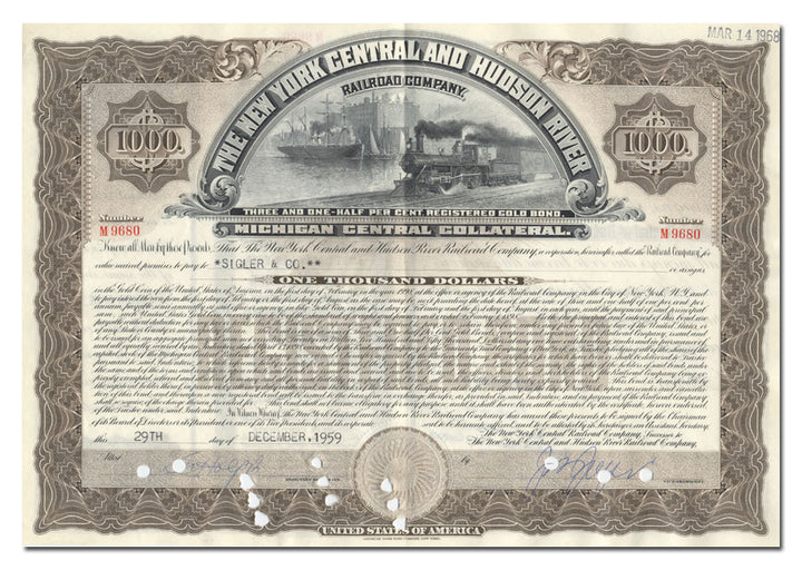 New York Central and Hudson River Railroad Company bond certificate (MIchigan Central Collateral) from the 1950's