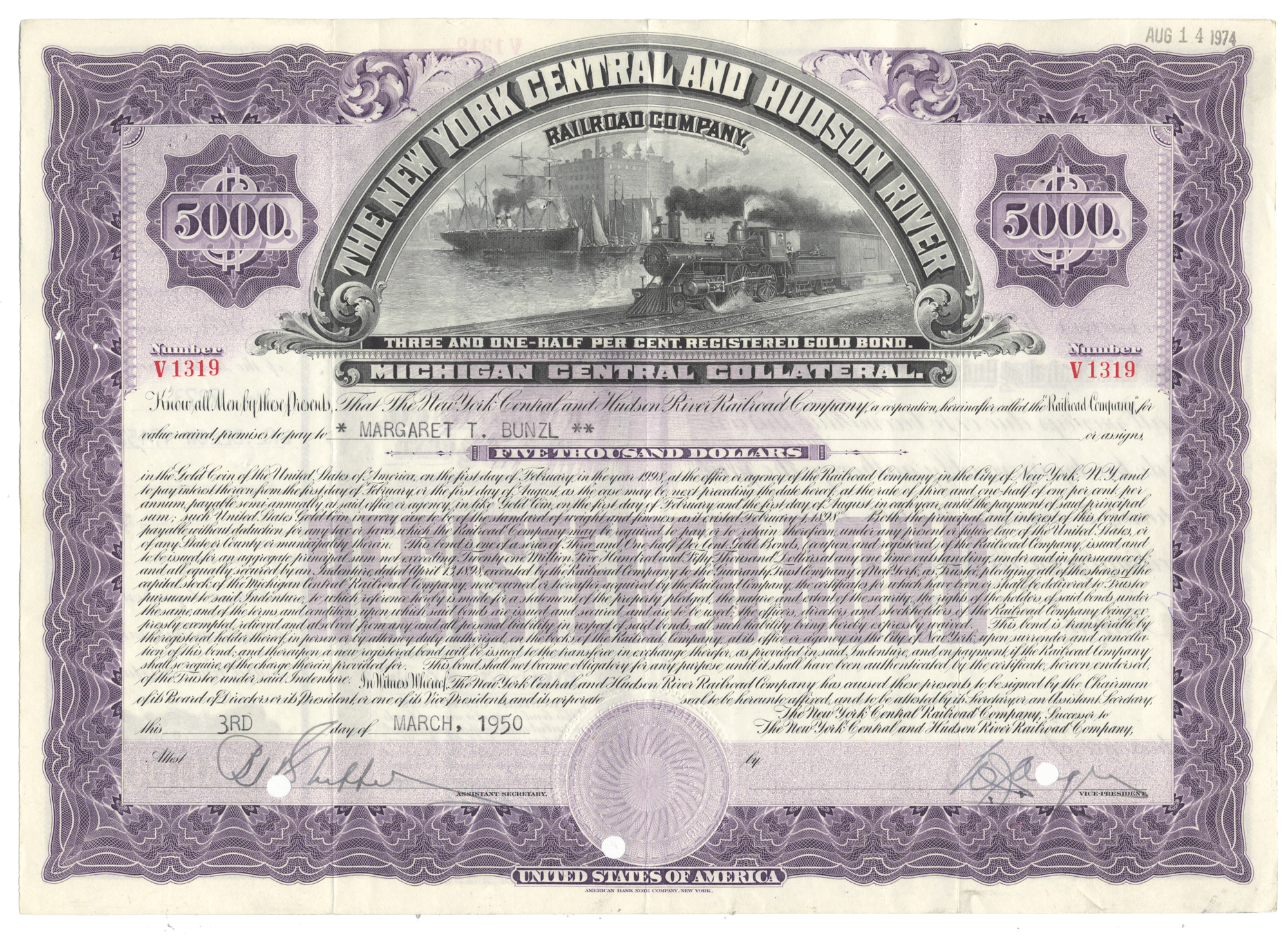 New York Central and Hudson River Railroad Company bond certificate (MIchigan Central Collateral) from the 1950's