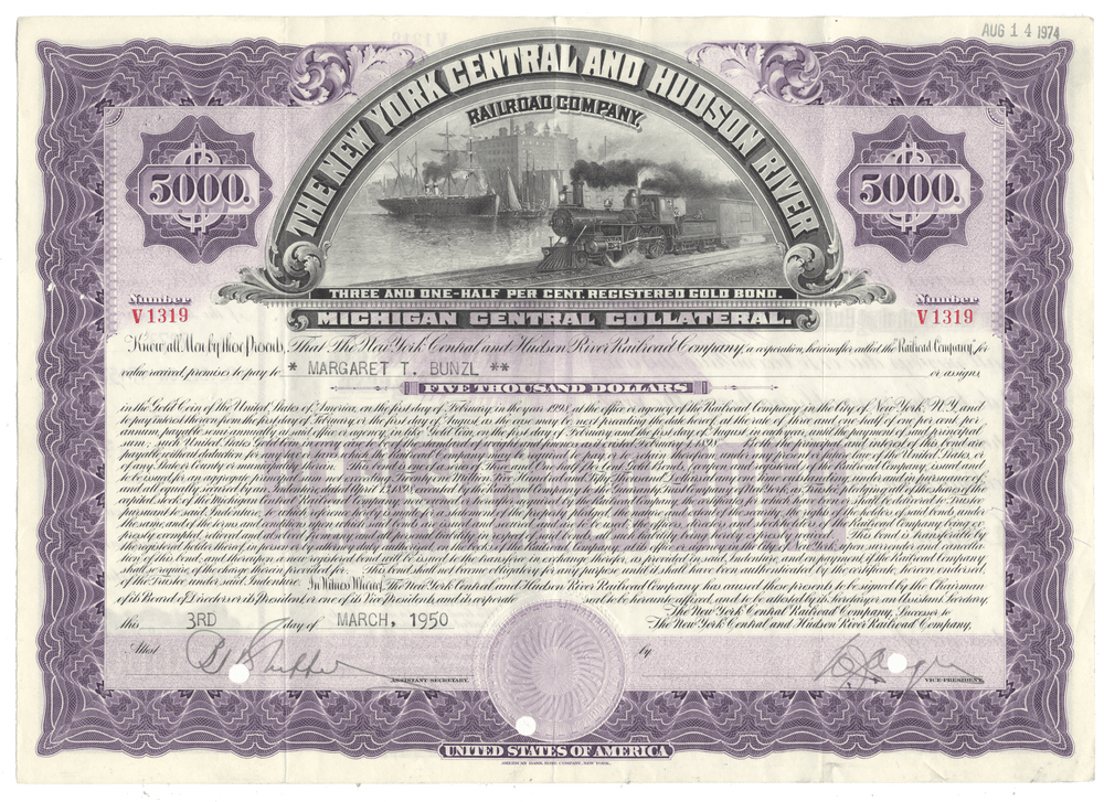 New York Central and Hudson River Railroad Company bond certificate (MIchigan Central Collateral) from the 1950's