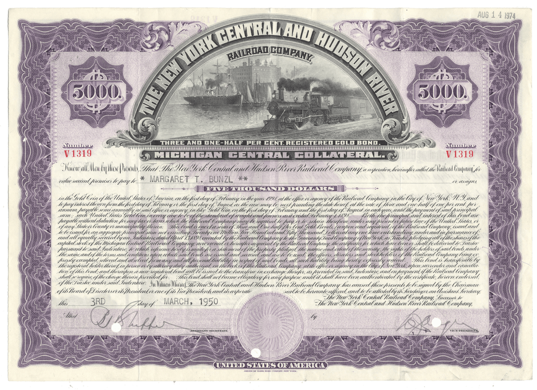 New York Central and Hudson River Railroad Company bond certificate (MIchigan Central Collateral) from the 1950's