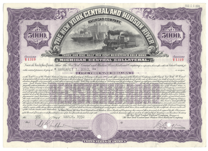 New York Central and Hudson River Railroad Company bond certificate (MIchigan Central Collateral) from the 1950's