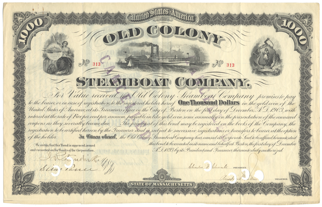 Old Colony Steamboat Company Bond Certificate