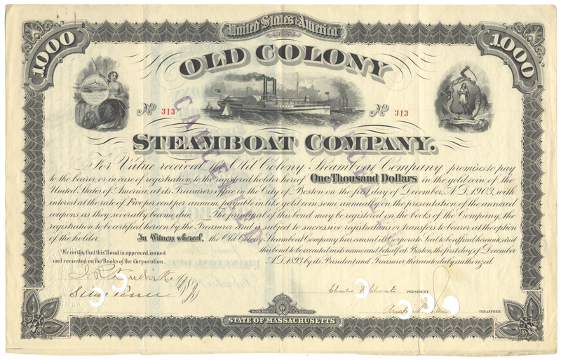 Old Colony Steamboat Company Bond Certificate