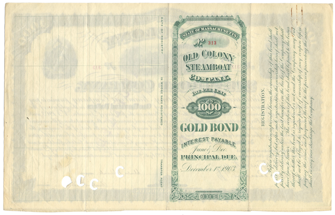 Old Colony Steamboat Company Bond Certificate