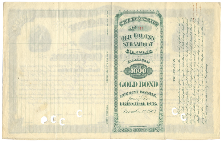 Old Colony Steamboat Company Bond Certificate