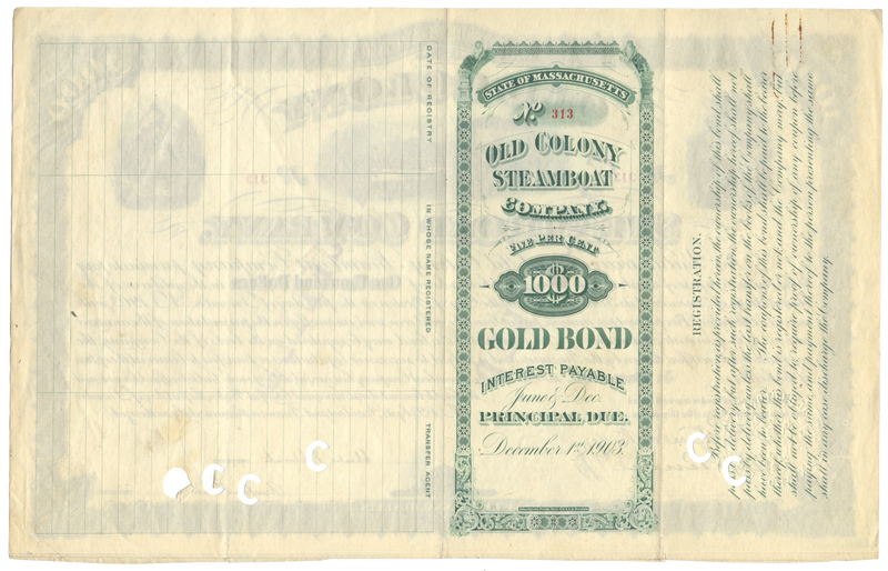 Old Colony Steamboat Company Bond Certificate
