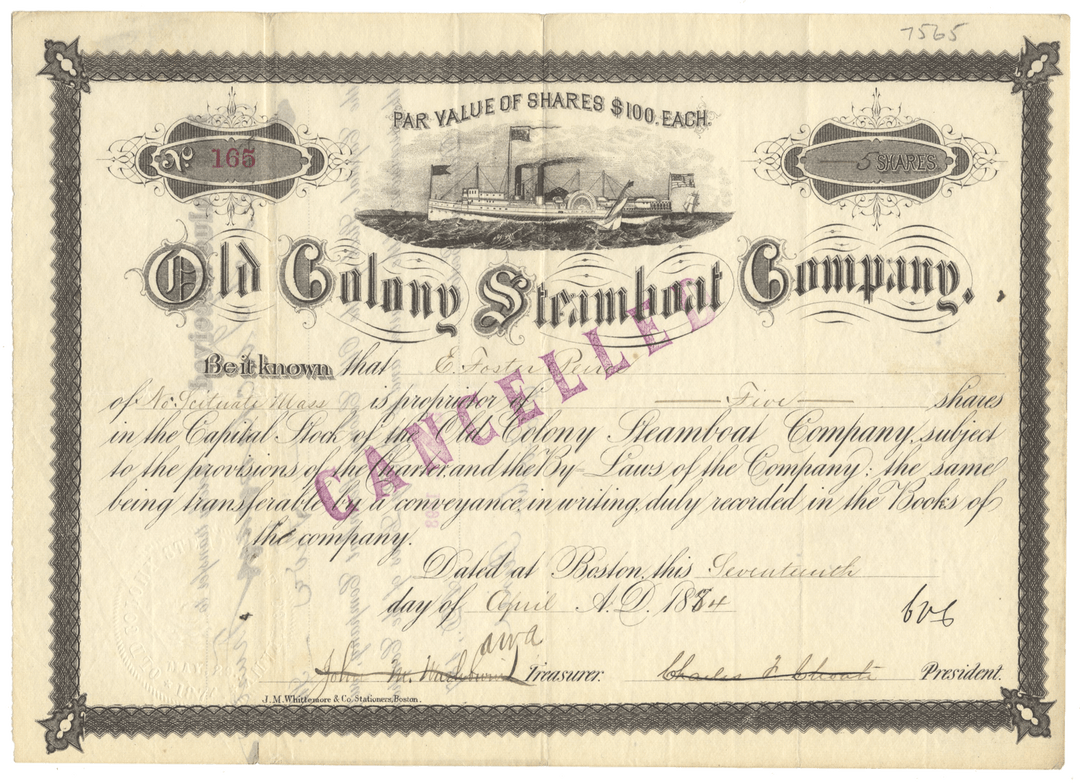 Old Colony Steamboat Company Stock Certificate