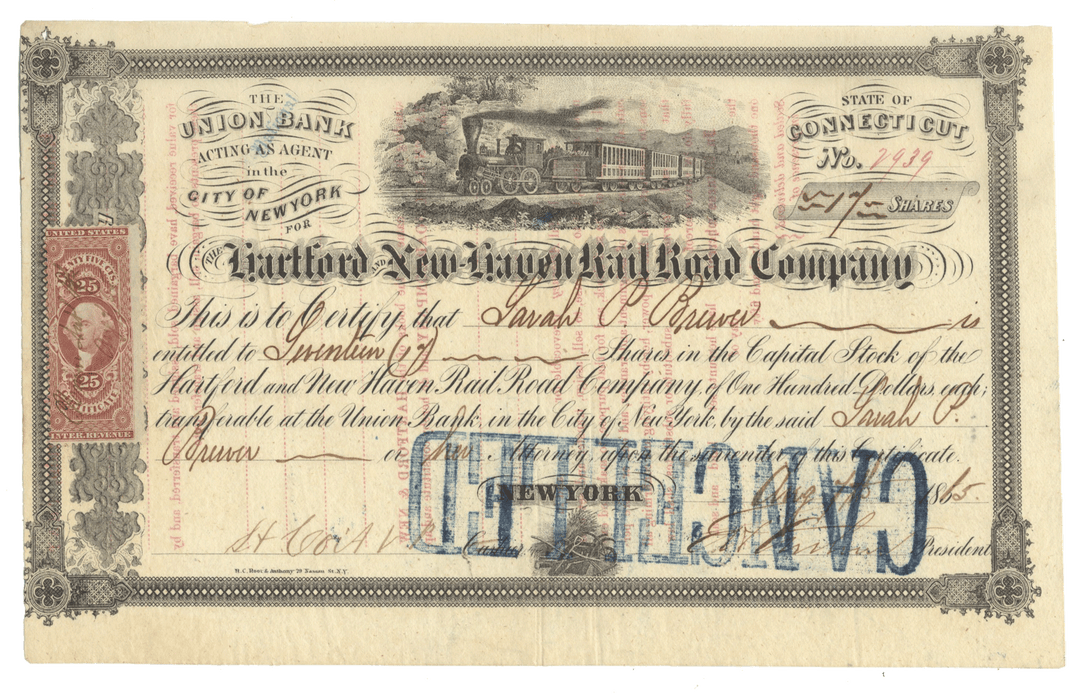 Hartford & New Haven Rail Road Company Stock Certificate from 1865