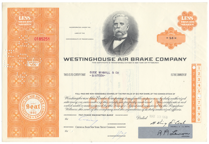 Westinghouse Air Brake Company Stock Certificate