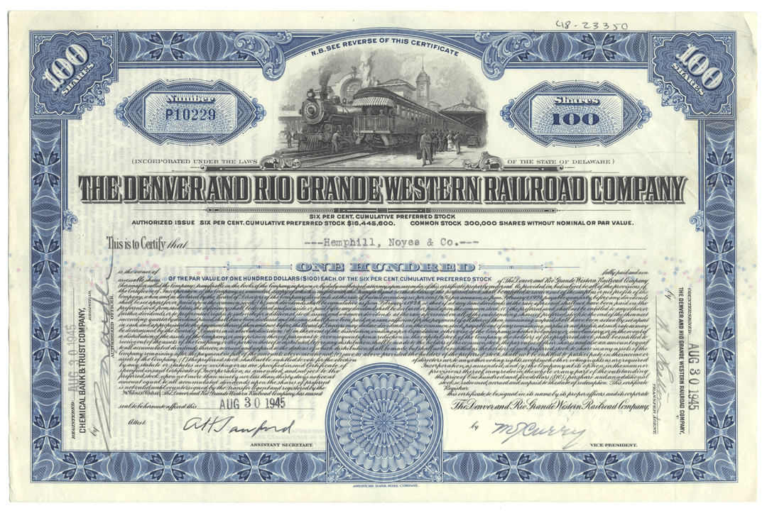 Historical stock certificate of the Denver and Rio Grande Western Railroad Company with blue and black design.