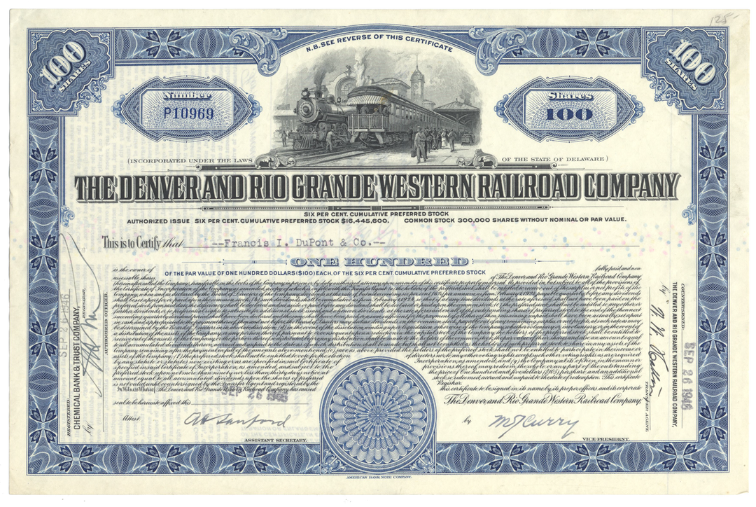 Denver and Rio Grande Western Railroad Company Stock Certificate