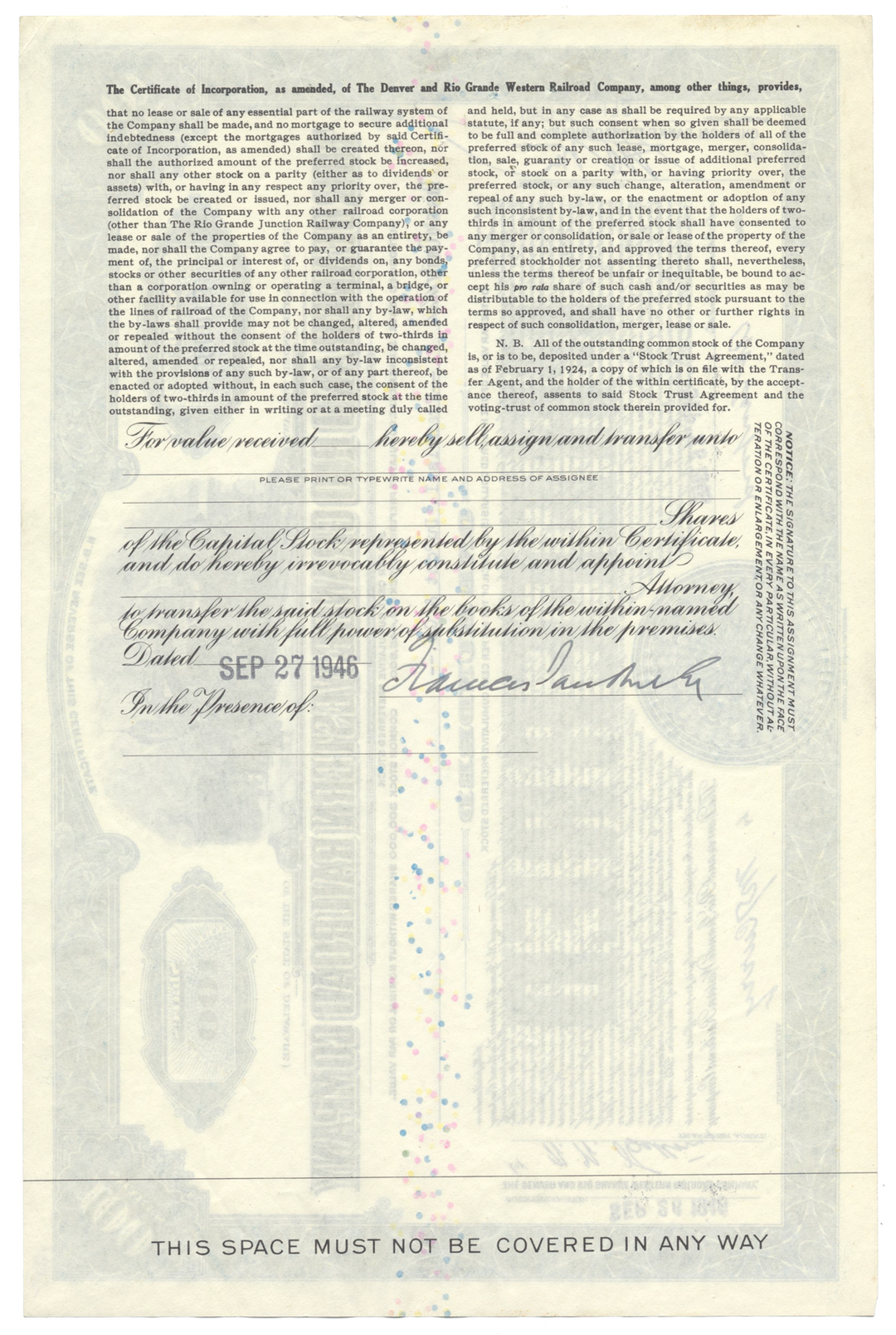 Denver and Rio Grande Western Railroad Company Stock Certificate