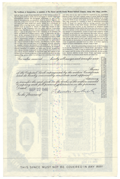 Denver and Rio Grande Western Railroad Company Stock Certificate