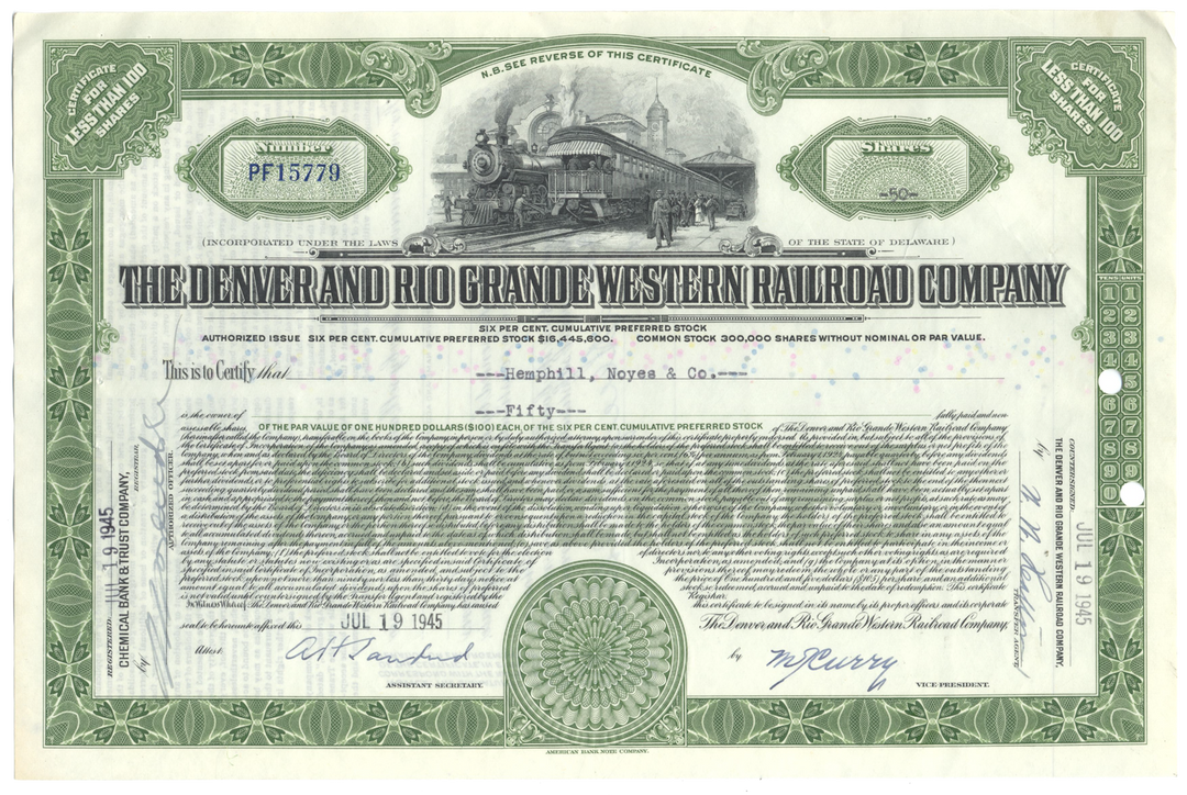 Denver and Rio Grande Western Railroad Company Stock Certificate