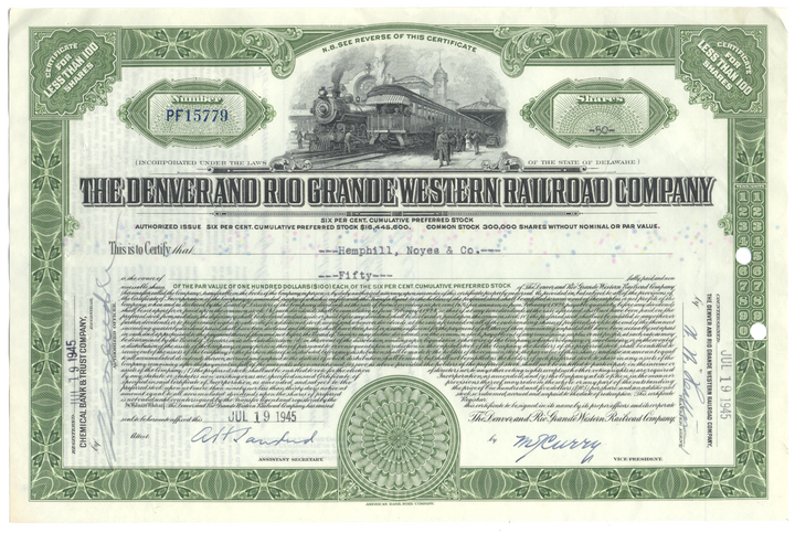 Denver and Rio Grande Western Railroad Company Stock Certificate