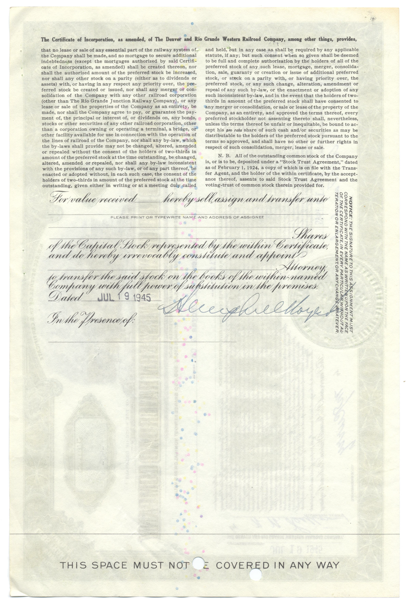 Denver and Rio Grande Western Railroad Company Stock Certificate