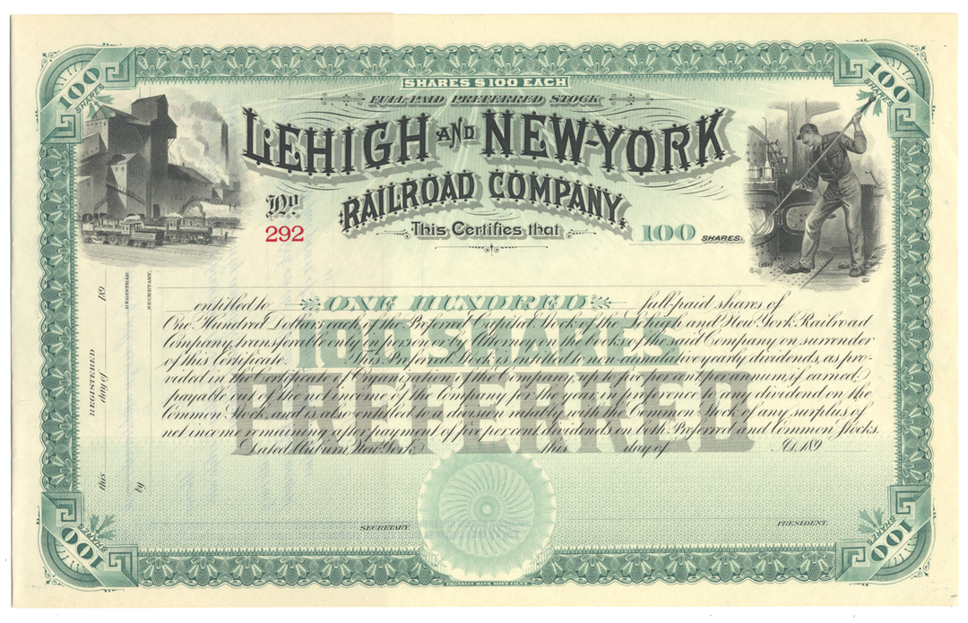 Lehigh and New York Railroad Company Stock Certificate