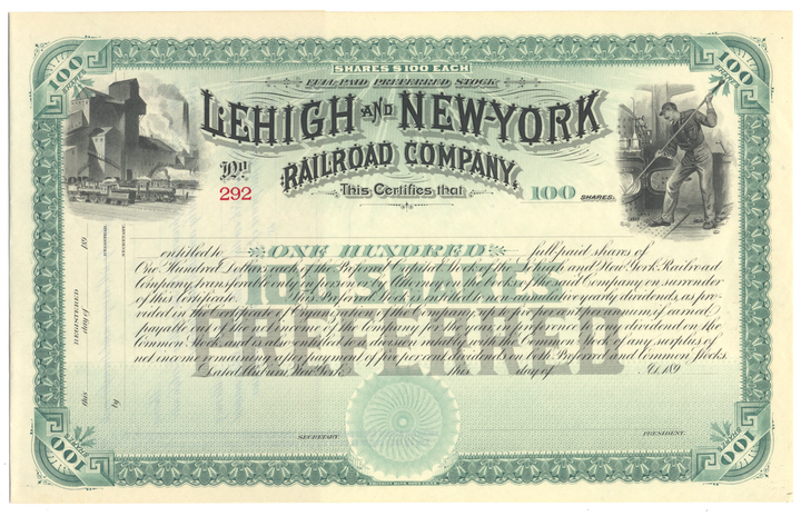 Lehigh and New York Railroad Company Stock Certificate