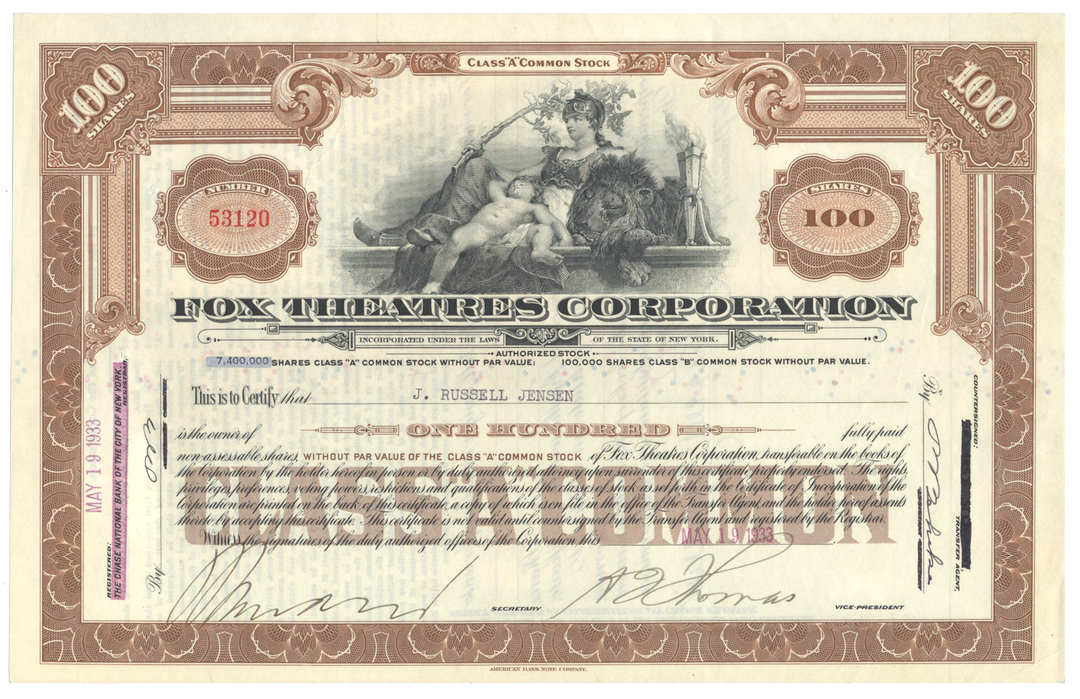 Fox Theatres Corporation Stock Certificate