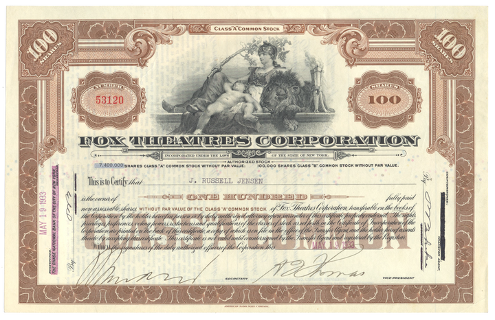 Fox Theatres Corporation Stock Certificate