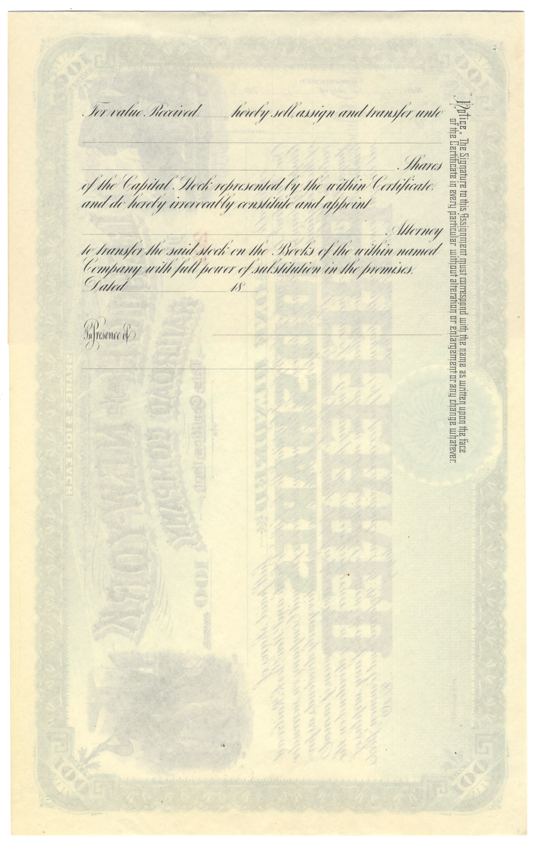 Lehigh and New York Railroad Company Stock Certificate