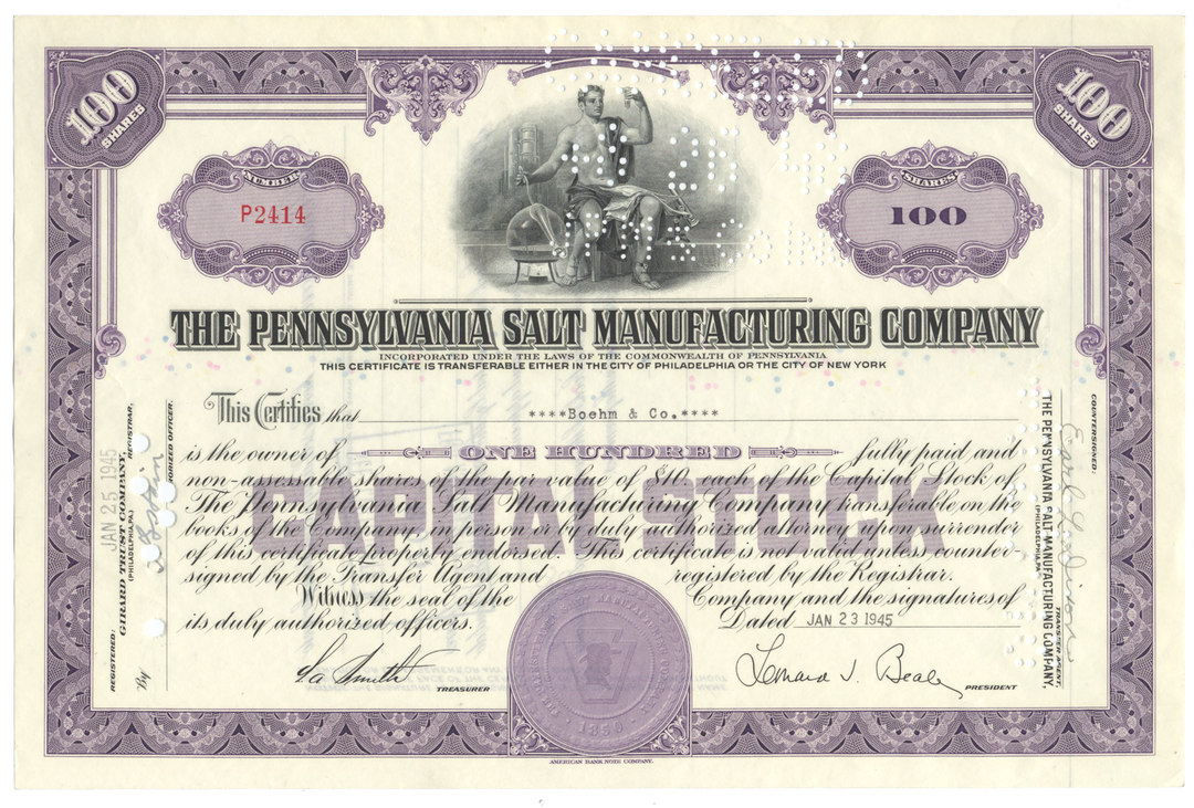 Pennsylvania Salt Manufacturing Company Stock Certificate