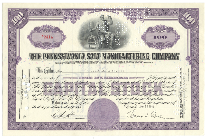 Pennsylvania Salt Manufacturing Company Stock Certificate