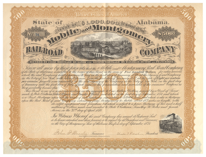 Mobile and Montgomery Railroad Company Bond Certificate