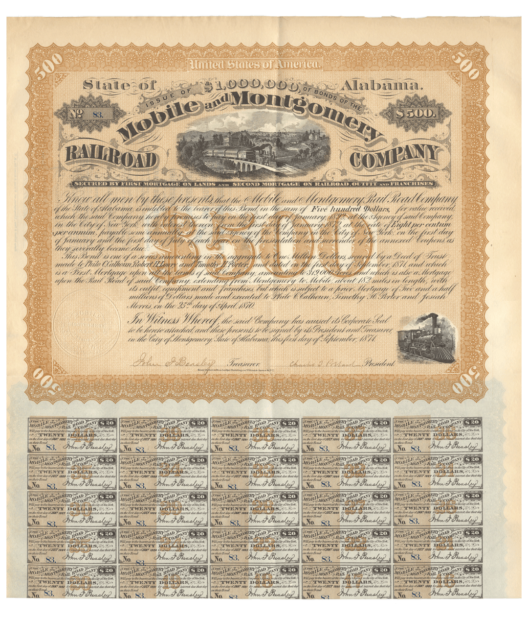 Mobile & Montgomery Railroad Company Bond Certificate