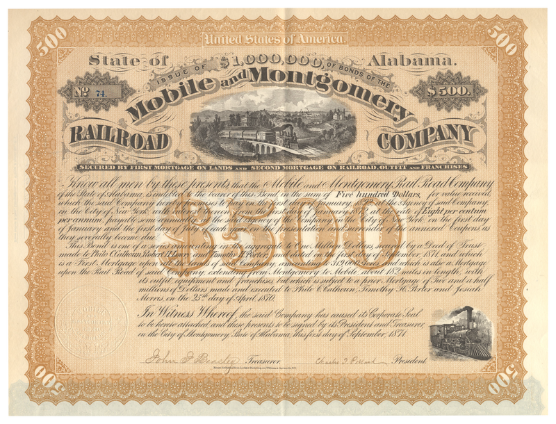 Mobile and Montgomery Railroad Company Bond Certificate