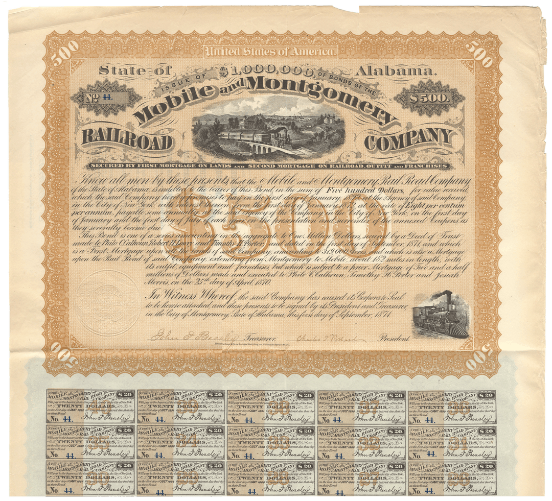 Historical bond certificate for the Mobile and Montgomery Railroad Company from 1871