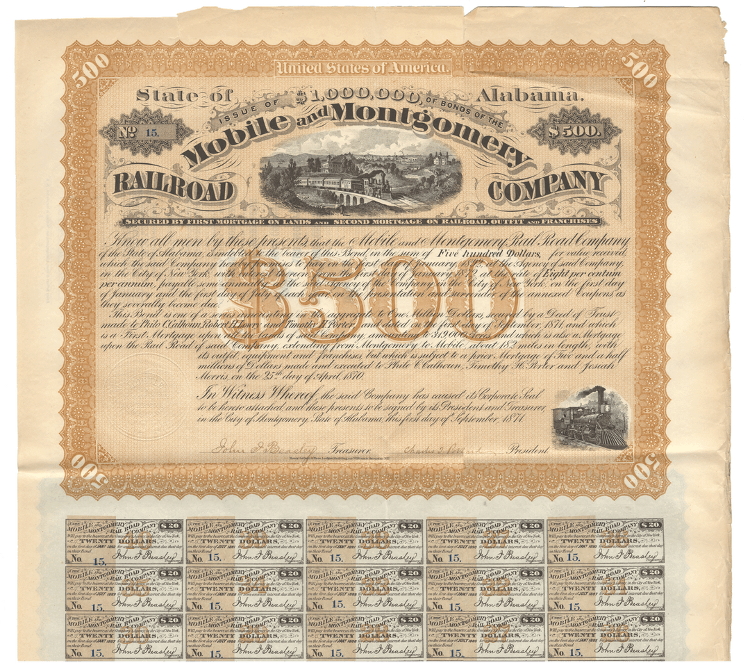 Historical railroad bond certificate from the State of Alabama - Mobile and Montgomery Railroad Company