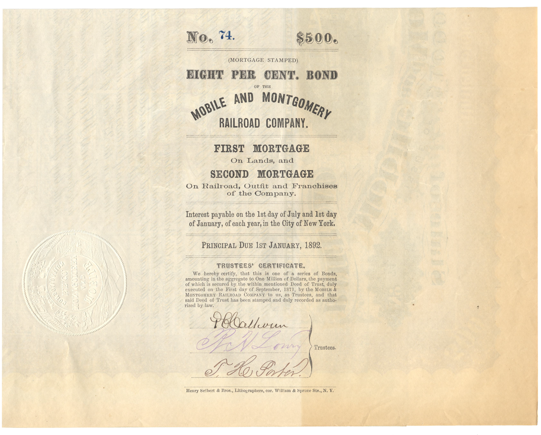 Mobile and Montgomery Railroad Company Bond Certificate